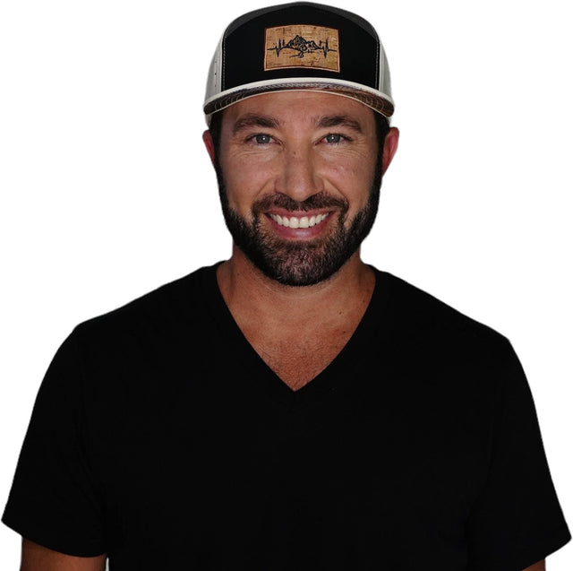 Mountains Hat, Flat Bill, Snapback Hat, Cream, Black, Charcoal, Mens Hat, Womens Hat, Man in Hat Picture