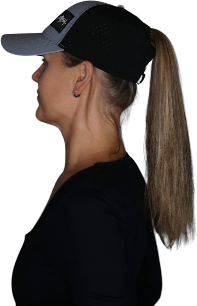 Mountains Hat, Low Profile, Ponytail, Snapback Hat, Gray Blue, Black, Mens Hat, Womens Hat, Side Woman In Hat Picture