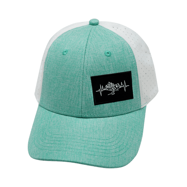 Mountains Hat, Low Profile, Ponytail, Snapback Hat, Teal, White, Mens Hat, Womens Hat, Front Picture