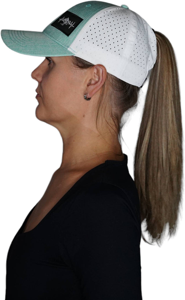 Mountains Hat, Low Profile, Ponytail, Snapback Hat, Teal, White, Mens Hat, Womens Hat, Side Woman In Hat Picture
