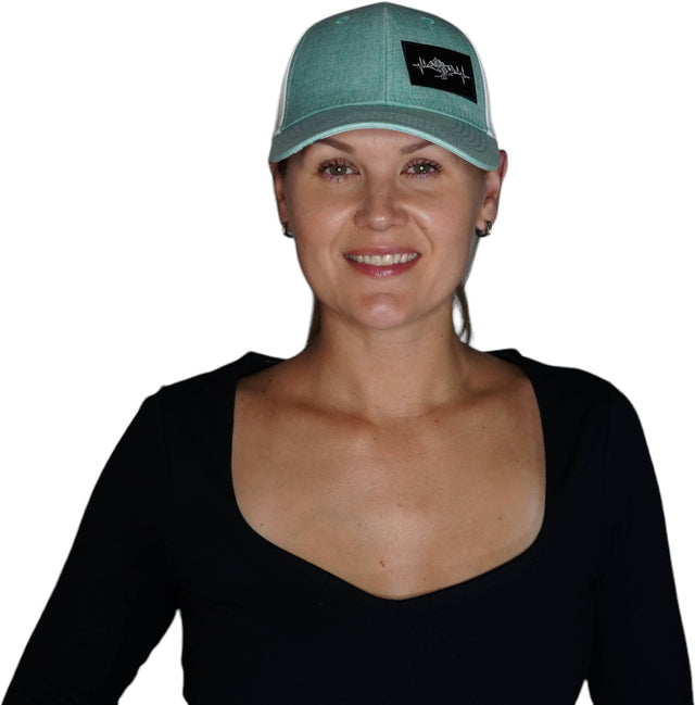 Mountains Hat, Low Profile, Ponytail, Snapback Hat, Teal, White, Mens Hat, Womens Hat, Woman In Hat Picture