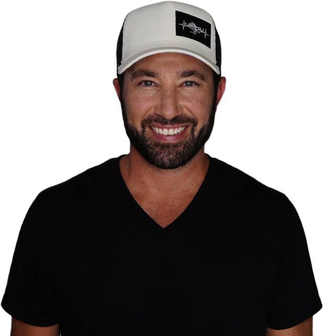 Mountains Hat, Trucker Hat, Snapback Hat, Corduroy, Cream, Black, Mens Hat, Womens Hat, Man in Hat Picture