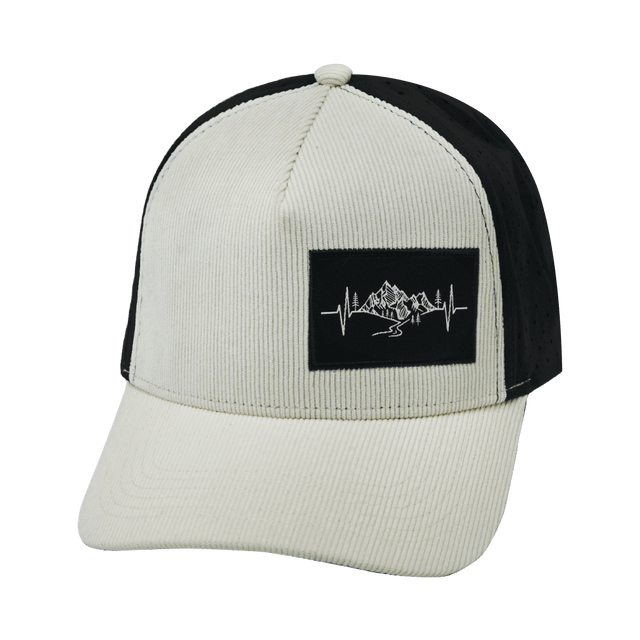 Mountains Hat, Trucker Hat, Snapback Hat, Corduroy, Cream, Black, Mens Hat, Womens Hat, Front Picture