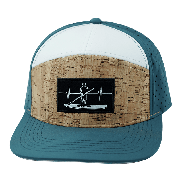 Paddle Board Hat, Flat Bill, Snapback Hat, Cork, Dark Teal, White, Mens Hat, Womens Hat, Front Picture