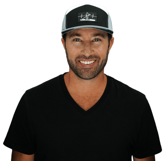 Paddle Board Hat, Flat Bill, Snapback Hat, Gray, Black, White, Mens Hat, Womens Hat, Man In Hat Picture
