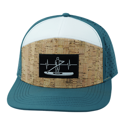 Paddle Board Hat, Flat Bill, Snapback Hat, Cork, Dark Teal, White, Mens Hat, Womens Hat, Front Picture