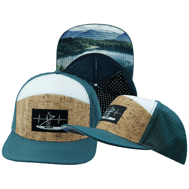 Paddle Board Hat, Flat Bill, Snapback Hat, Cork, Dark Teal, White, Mens Hat, Womens Hat, Main Picture