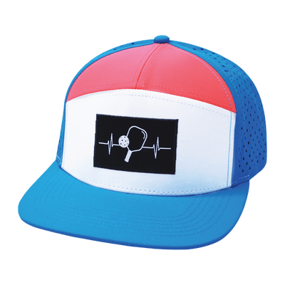 Pickleball Hat, Flat Bill, Snapback Hat, Neon Blue, White, Neon Peach, Mens Hat, Womens Hat, Front Picture