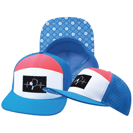 Pickleball Hat, Flat Bill, Snapback Hat, Neon Blue, White, Neon Peach, Mens Hat, Womens Hat, Main Picture