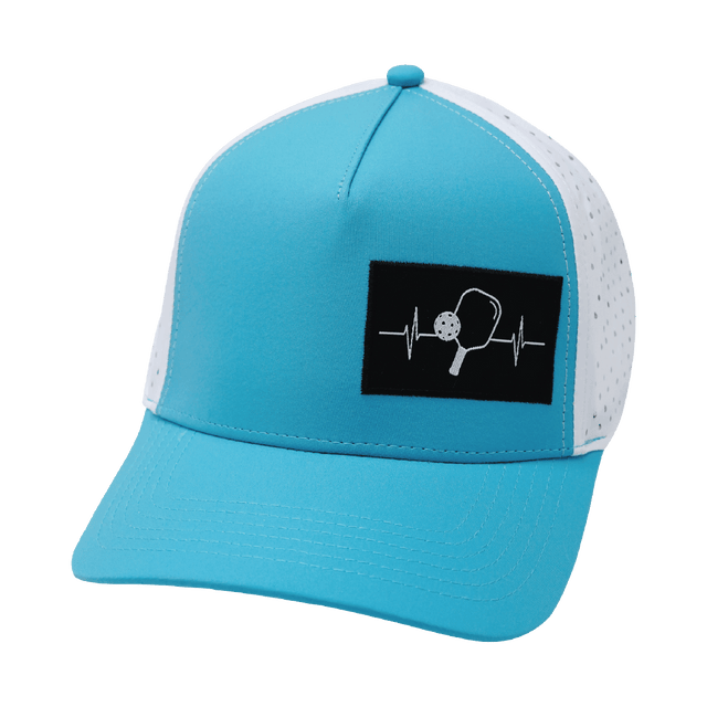 Pickleball Hat, Trucker Hat, Snapback Hat, Neon Blue Green, White, Mens Hat, Womens Hat, Front Picture