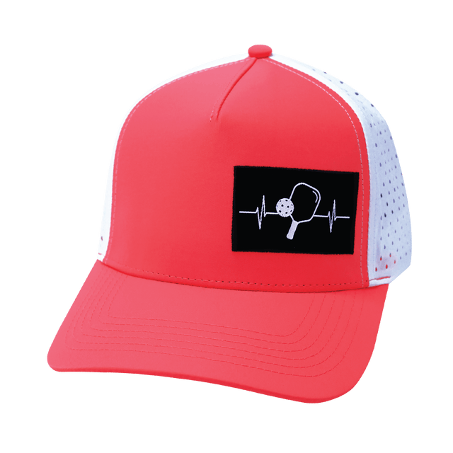 Pickleball Hat, Trucker Hat, Snapback Hat, Neon Peach, White, Mens Hat, Womens Hat, Front Picture