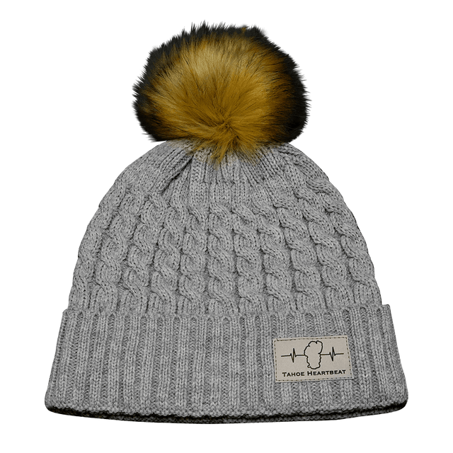 Tahoe Beanie, Pom Beanie, Gray, Silver Patch, Mens Beanie, Womens Beanie, Front Picture