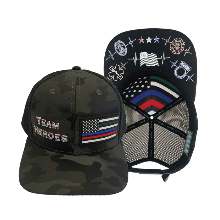 Team Heroes Hat — Baseball Hat Fit, Green Camo / Black, Trucker Mesh