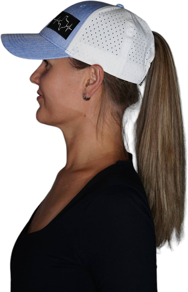 Texas Hat, Low Profile, Ponytail Hat, Snapback Hat, Light Blue, White, Mens Hat, Womens Hat, Side Woman In Hat Picture