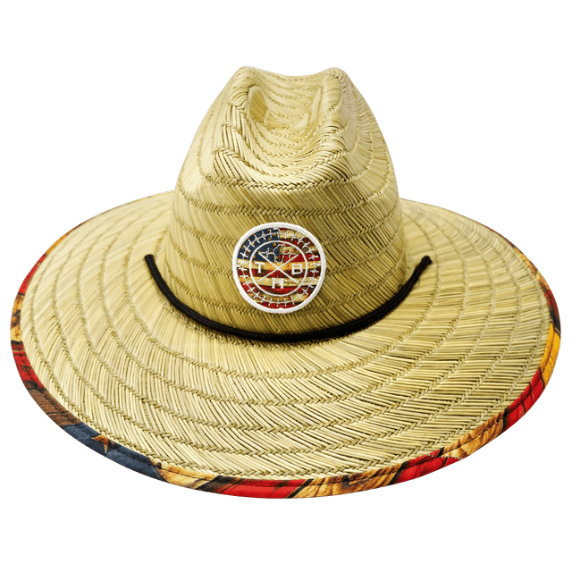 THB Straw, Sun Hat, American Flag Stained Wood, Mens Straw Hat, Womens Straw Hat, Front Picture