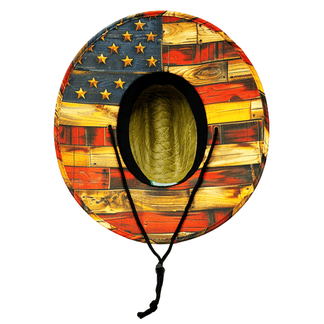 THB Straw, Sun Hat, American Flag Stained Wood, Mens Straw Hat, Womens Straw Hat, Underbill Picture