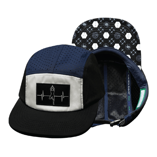Yoga Hat, 5 Panel Hat, Ponytail, Strapback, Black, White, Navy, Mens Hat, Womens Hat, Main Picture