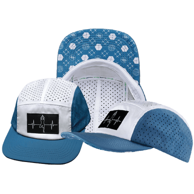 Yoga Hat — 5 Panel, Ponytail, Light Blue / White, Laser Mesh