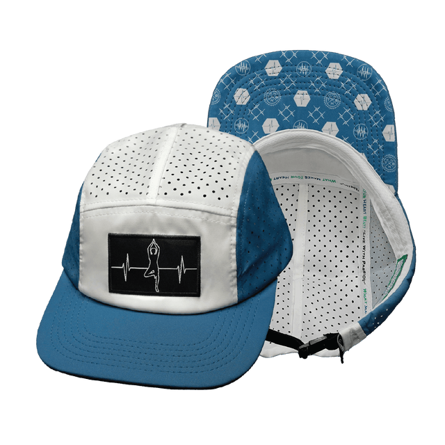 Yoga Hat, 5 Panel Hat, Ponytail, Strapback, Light Blue, White, Mens Hat, Womens Hat, Main Picture