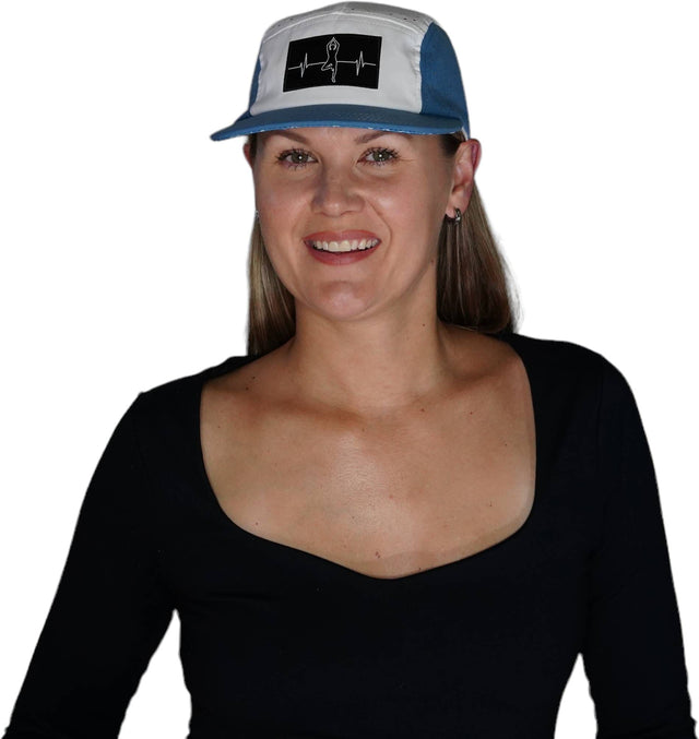Yoga Hat, 5 Panel Hat, Ponytail, Strapback, Light Blue, White, Mens Hat, Womens Hat, Woman In Hat Picture
