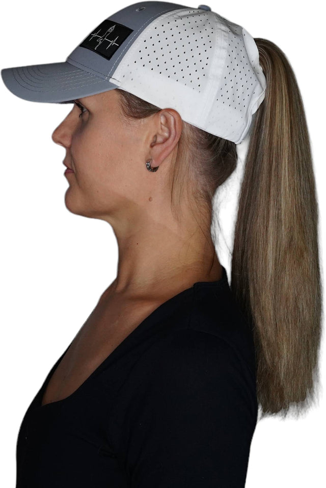 Yoga Hat, Low Profile, Ponytail, Snapback Hat, Gray, White, Mens Hat, Womens Hat, Side Woman In Hat Picture