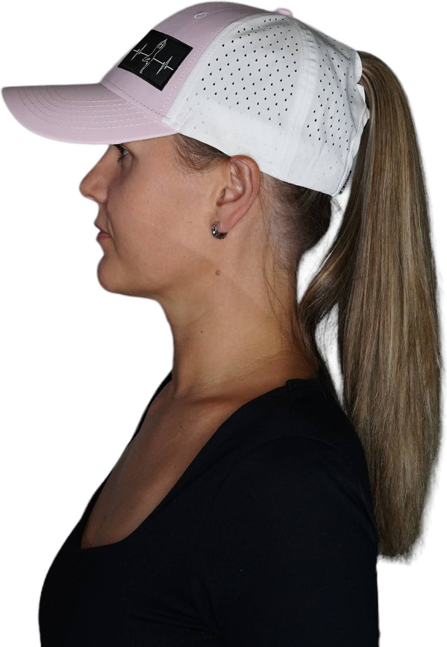 Yoga Hat, Low Profile, Ponytail, Snapback Hat, Pink, White, Mens Hat, Womens Hat, Side Woman In Hat Picture