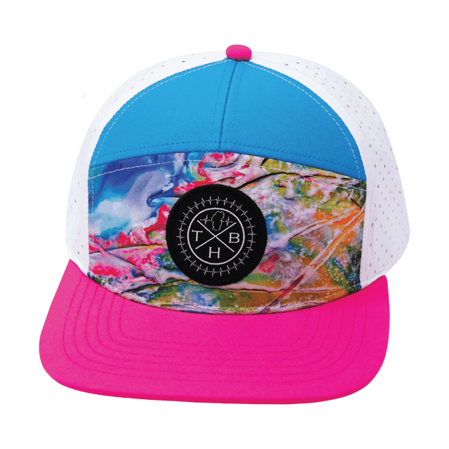 Youth Color Vibes Hat, Flat Bill, Snapback Hat, Candy Land, Neon Pink, Neon Blue, White, Mens Hat, Womens Hat, Front Picture