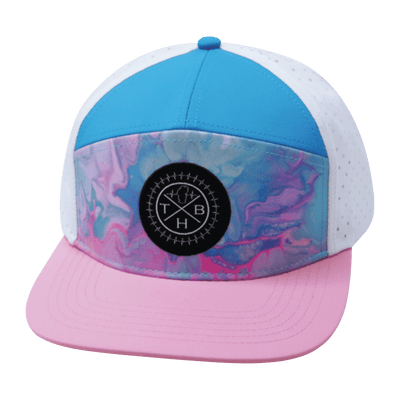 Youth Color Vibes Hat, Flat Bill, Snapback Hat, Cotton Candy, Pink, Neon Blue, White, Mens Hat, Womens Hat, Front Picture