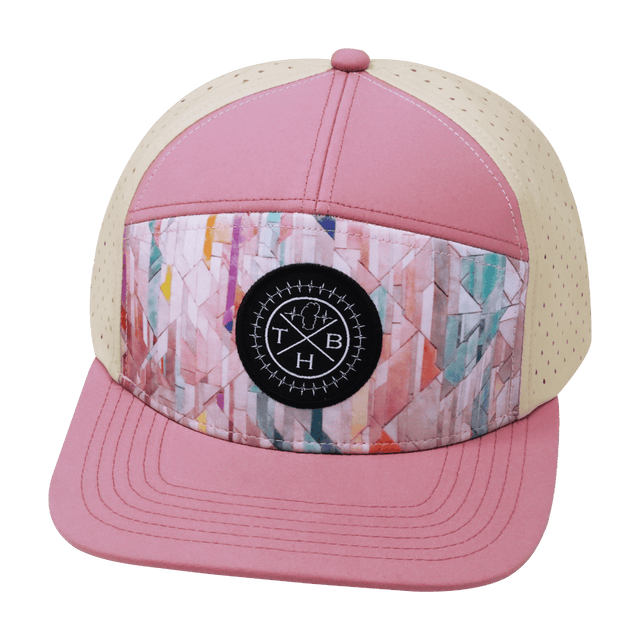 Youth Color Vibes Hat, Flat Bill, Snapback Hat, Geo Mosaic, Pink Peach, Cream, Mens Hat, Womens Hat, Front Picture