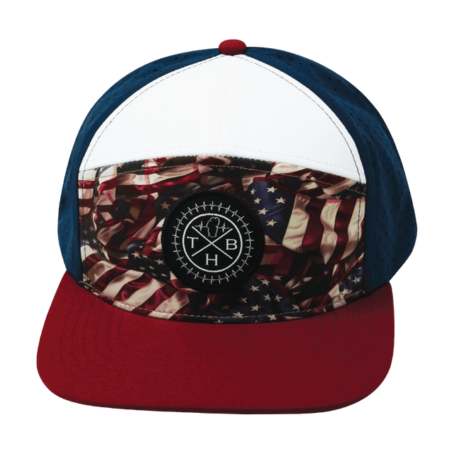 Youth Color Vibes Hat, Flat Bill, Snapback Hat, Silk Flag, Dark Red, White, Navy, Mens Hat, Womens Hat, Front Picture