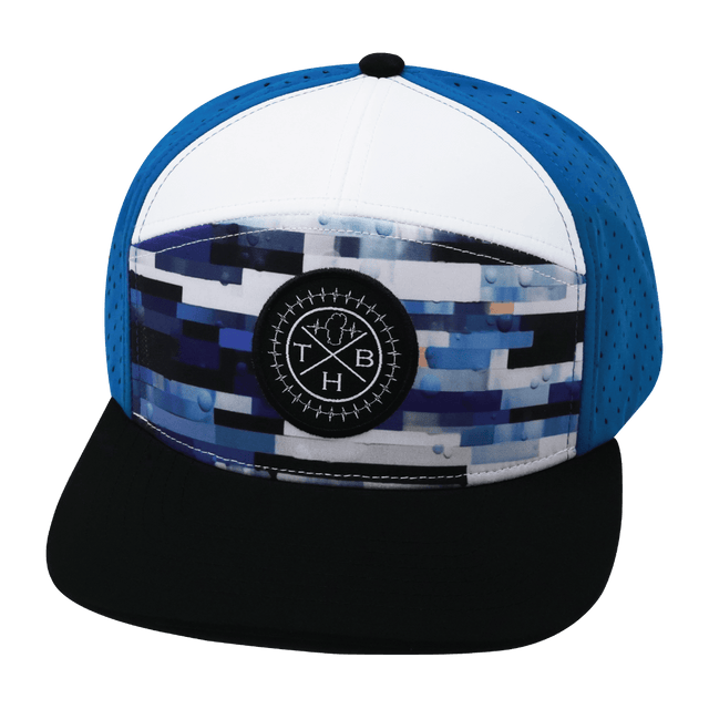 Youth Color Vibes Hat, Flat Bill, Snapback Hat, Sky Blocks, Black, White, Blue, Mens Hat, Womens Hat, Front Picture