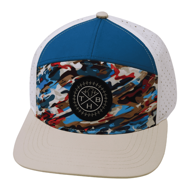 Youth Color Vibes Hat, Flat Bill, Snapback Hat, Party Camo, Cream, Blue, White, Mens Hat, Womens Hat, Front Picture