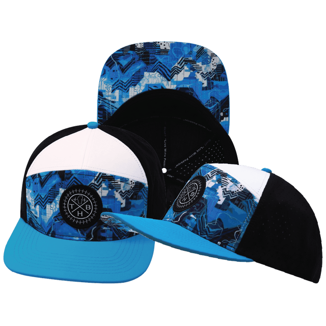 Youth Color Vibes Hat, Flat Bill, Snapback Hat, Blue Shock, Neon Blue, White, Black, Mens Hat, Womens Hat, Main Picture