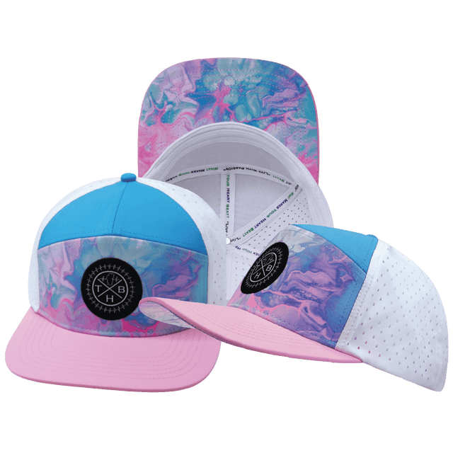 Youth Color Vibes Hat, Flat Bill, Snapback Hat, Cotton Candy, Pink, Neon Blue, White, Mens Hat, Womens Hat, Main Picture