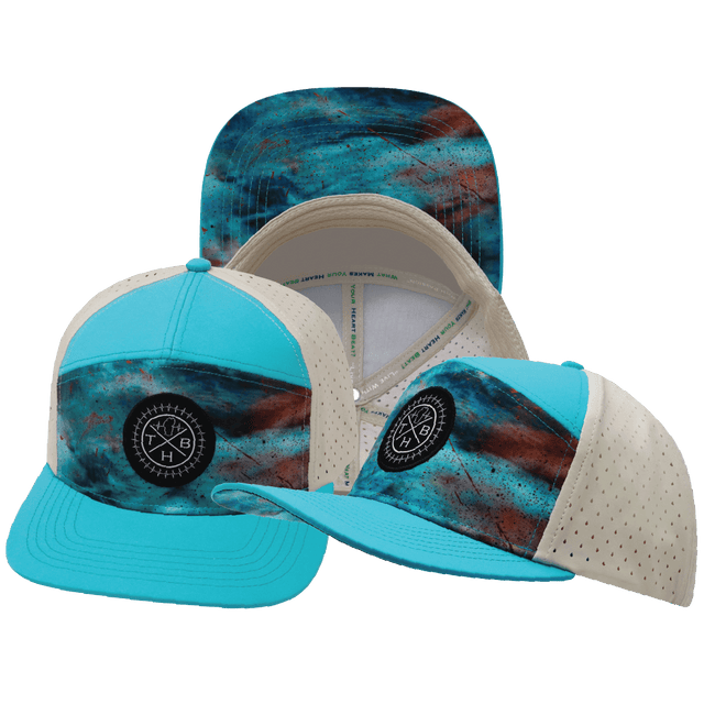 Youth Color Vibes Hat, Flat Bill, Snapback Hat, Desert Sky, Neon Blue Green, Cream, Mens Hat, Womens Hat, Main Picture