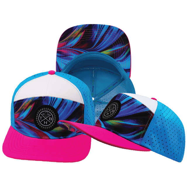 Youth Color Vibes Hat, Flat Bill, Snapback Hat, Feather Glow, Neon Pink, White, Neon Blue, Mens Hat, Womens Hat, Main Picture
