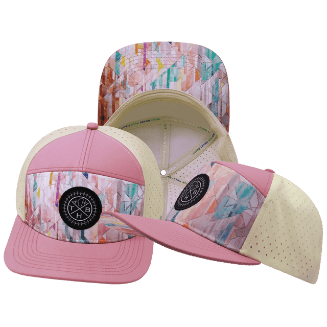 Youth Color Vibes Hat, Flat Bill, Snapback Hat, Geo Mosaic, Pink Peach, Cream, Mens Hat, Womens Hat, Main Picture