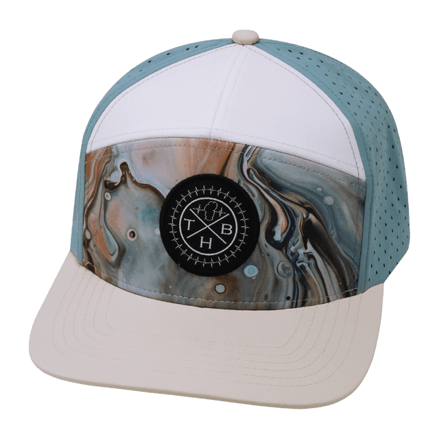 Youth Color Vibes Hat, Flat Bill, Snapback Hat, Marble Earth, Cream, White, Light Blue, Mens Hat, Womens Hat, Front Picture
