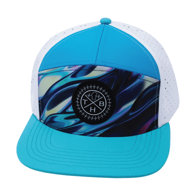 Youth Color Vibes Hat, Flat Bill, Snapback Hat, Molten Dream, Neon Green Blue, Neon Blue, White, Mens Hat, Womens Hat, Front Picture