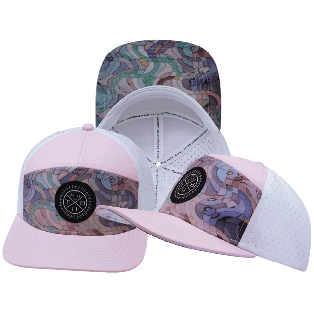 Youth Color Vibes Hat, Flat Bill, Snapback Hat, Mosaic Curves, Light Pink, White, Mens Hat, Womens Hat, Main Picture