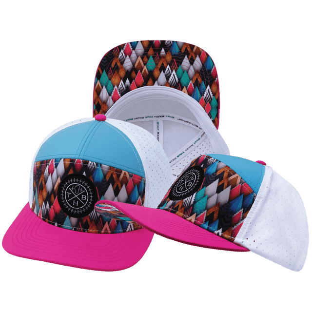 Youth Color Vibes Hat, Flat Bill, Snapback Hat, Neon Peaks, Neon Pink, Neon Green Blue, White, Mens Hat, Womens Hat, Main Picture