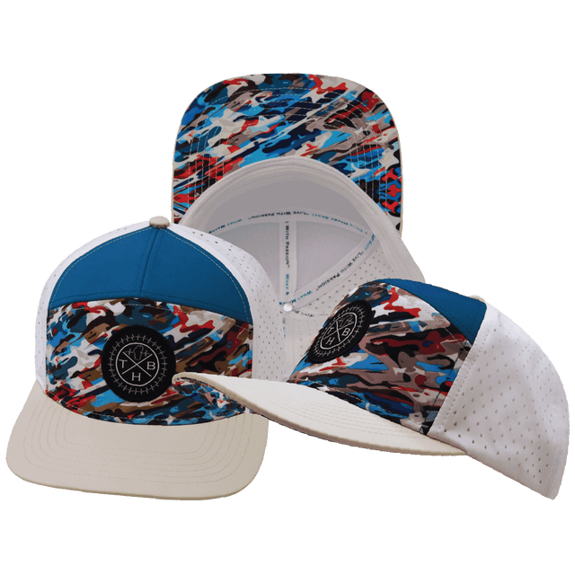 Youth Color Vibes Hat, Flat Bill, Snapback Hat, Party Camo, Cream, Blue, White, Mens Hat, Womens Hat, Main Picture
