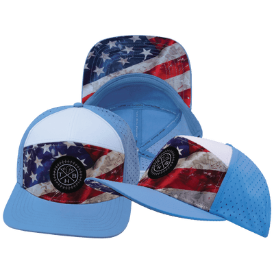 **YOUTH** Color Vibes Hat — Flat Bill, Rugged Flag, Baby Blue / White, Laser Mesh