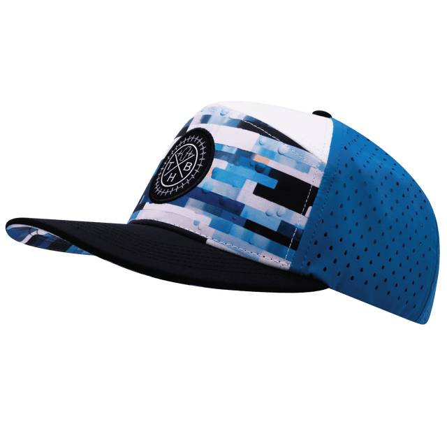 Youth Color Vibes Hat, Flat Bill, Snapback Hat, Sky Blocks, Black, White, Blue, Mens Hat, Womens Hat, Side Picture