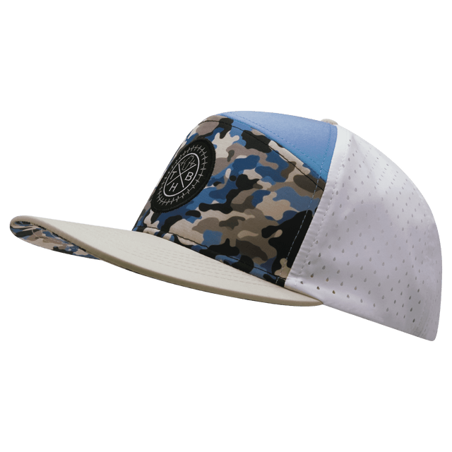 Youth Color Vibes Hat, Flat Bill, Snapback Hat, Sky Camo, Cream, Baby Blue, White, Mens Hat, Womens Hat, Side Picture