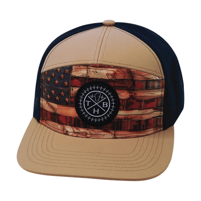 Youth Color Vibes Hat, Flat Bill, Snapback Hat, Stained Flag, Light Tan, Navy, Mens Hat, Womens Hat, Front Picture
