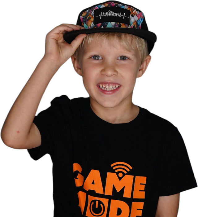 Youth Mountains Hat, 5 Panel Hat, Snapback, Colored Peaks, Black, Mens Hat, Womens Hat, Boy In Hat Picture