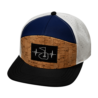 Golf Hat — Flat Bill, Cork, Black / Navy / White (No Photo), Laser Mesh