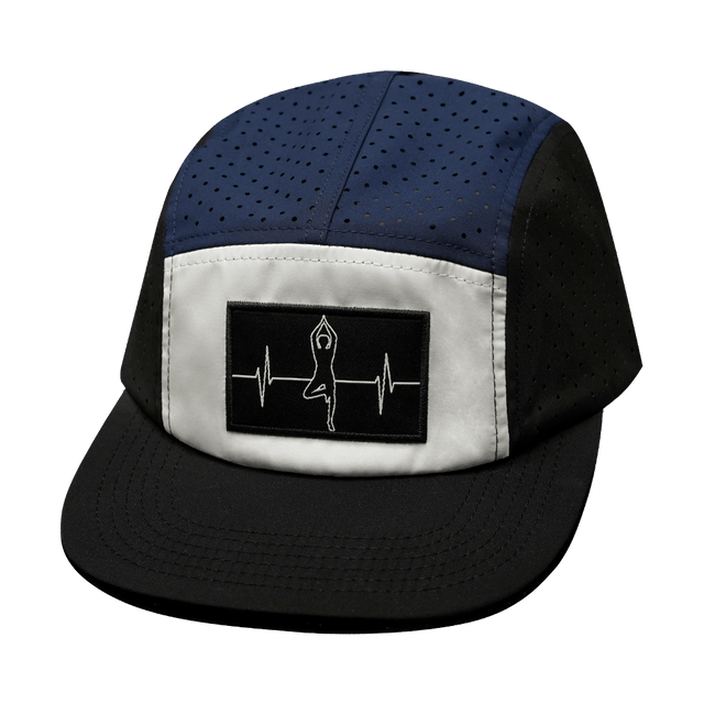 Yoga Hat, 5 Panel Hat, Ponytail, Strapback, Black, White, Navy, Mens Hat, Womens Hat, Front Picture