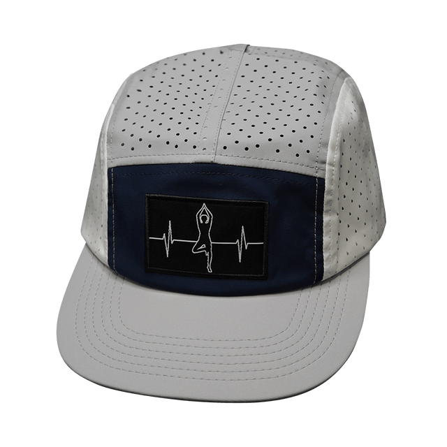 Yoga Hat, 5 Panel Hat, Ponytail, Strapback, Gray, Navy, White, Mens Hat, Womens Hat, Front Picture